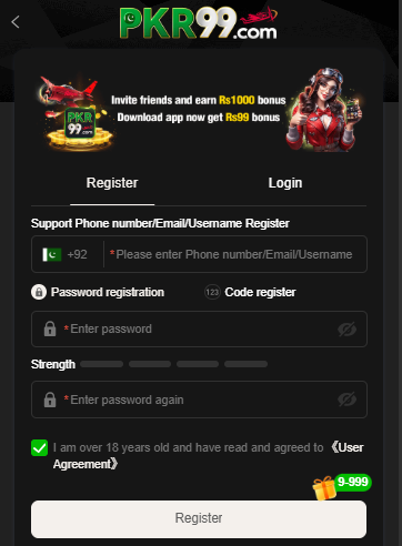 steps to register in PKR 99 Game and earn money