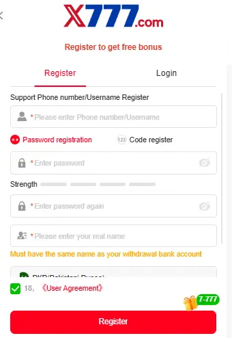 X777 game download steps to create your account